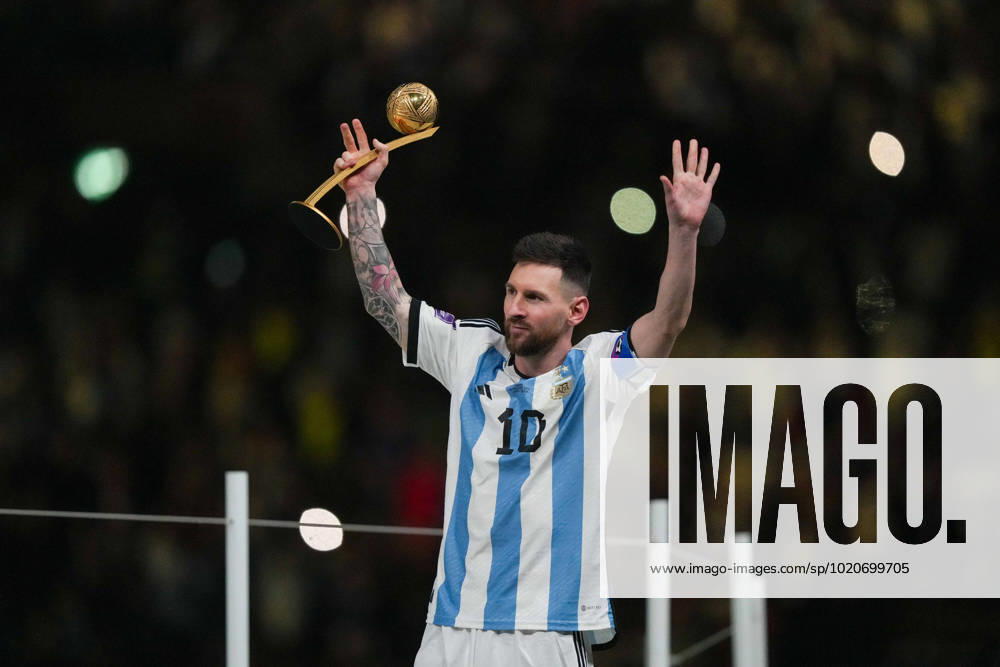 Player of Argentina Lionel Messi receives the World Cup 2022 Golden Ball award after the FIFA World Cup, WM, Weltmeisterschaft, Fussball Qatar 2022 Final match between Argentina and France on December 18, 2022, at Lusail Iconic Stadium in Lusail, Qatar. (Photo by Florencia Tan Jun PxImages Icon Sportswire) SOCCER: DEC 18 FIFA World Cup Final - France v Argentina Icon221218106