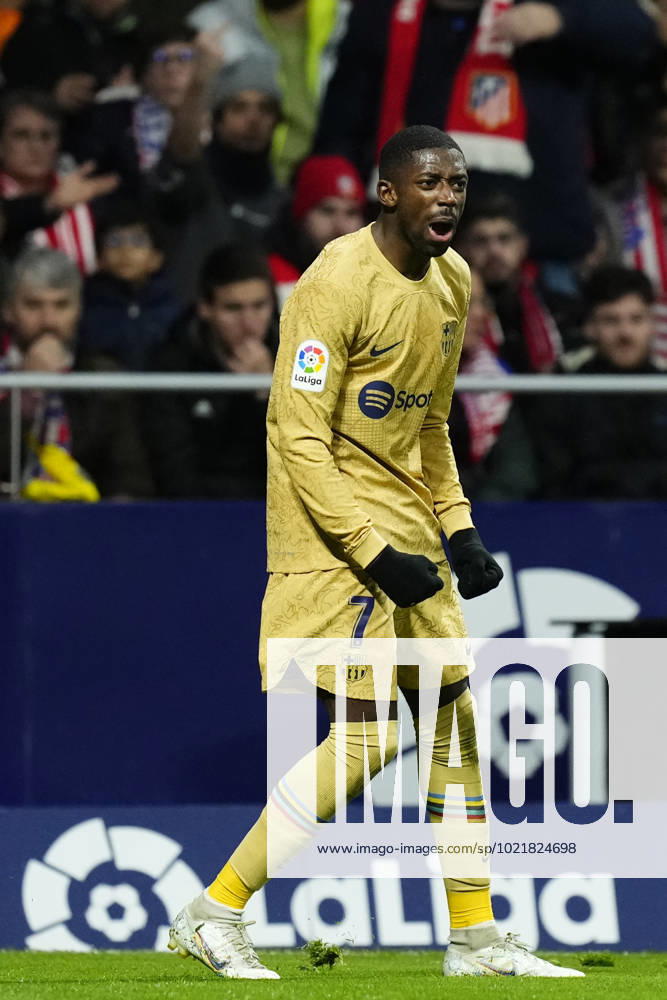 Atletico de Madrid v FC Barcelona, Barca - LaLiga Santander Ousmane Dembele right winger of Barcelona and France celebrates after scoring his sides first goal during the LaLiga Santander match between Atletico de Madrid and FC Barcelona at Civitas Metropolitano Stadium on January 8, 2023 in Madrid, Spain. Madrid Spain