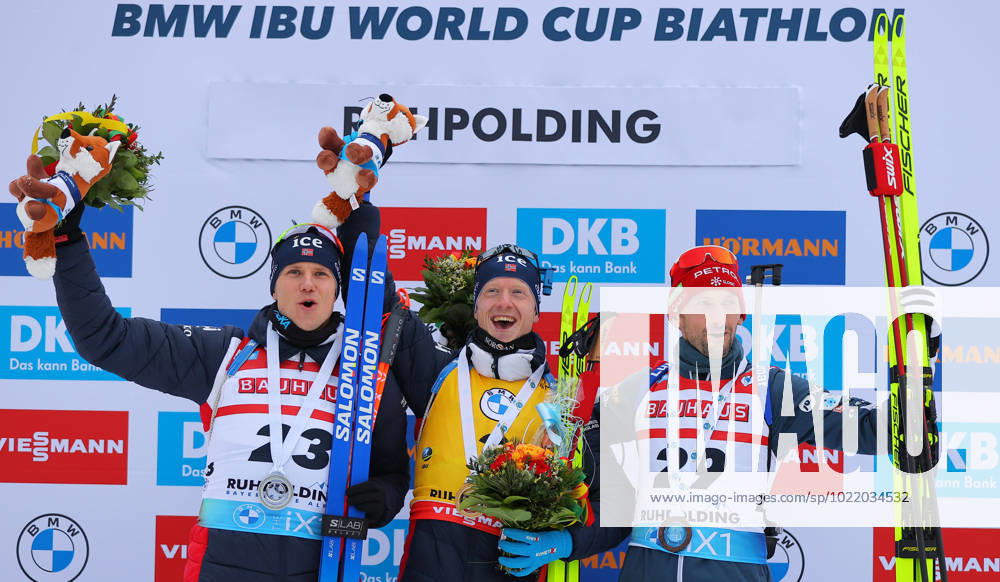 KW02 BIATHLON - IBU WC Ruhpolding RUHPOLDING,GERMANY,11.JAN.23 - BIATHLON - IBU World Cup, 20km individual, men. Image shows the rejoicing of Vetle Sjaastad Christiansen, Johannes Thingnes Boe (NOR) and Jakov Fak (SLO). GEPAxpictures xThomasxBachun