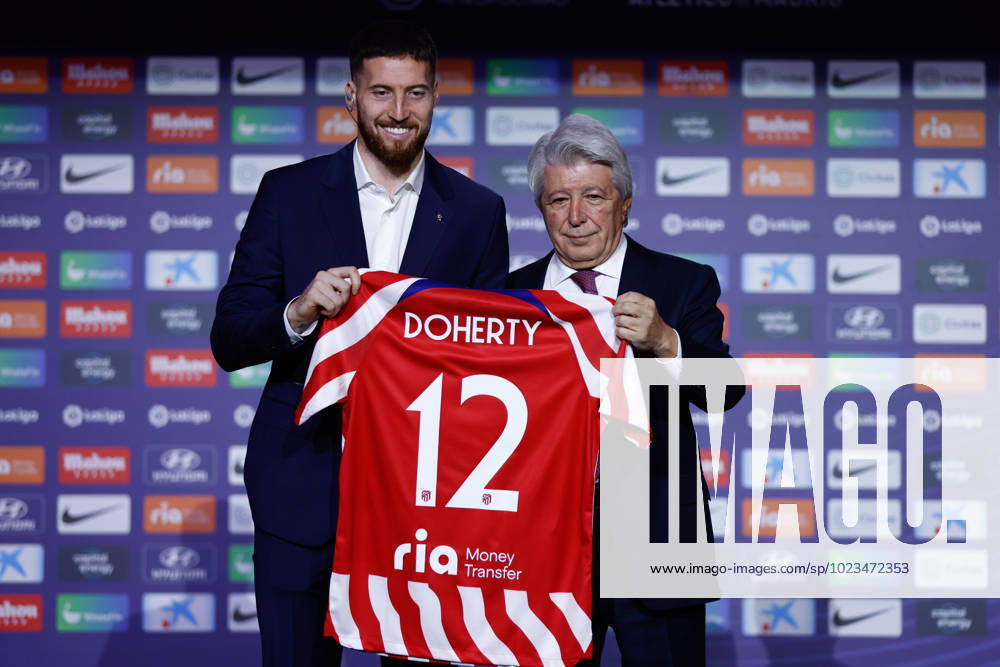 Enrique Cerezo, President of Atletico de Madrid, and Matthew James Doherty poses for photo with official T-Shirt during his presentation as new player of Atletico de Madrid at Civitas Metropolitano stadium on february 01, 2023, in Madrid, Spain. MADRID SPAIN - ZUMAa181 20230201_zaa_a181_013