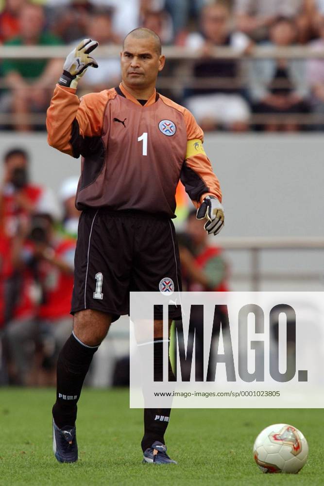 Torwart Jose Luis Chilavert (Paraguay) gibt Anweisungen Fußball WM Herren Weltmeisterschaft 2002, Länderspiel, Achtelfinale, Nationalmannschaft, Nationalteam, Nationaltrikot Einzelbild Seogwipo