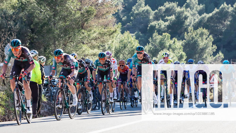 Volta a la Comunitat Valenciana 2023; Etappe 5, Spanien, 05.02.2023 Die Team BORA - hansgrohe Fahrer Bob JUNGELS, Nico DENZ, Anton PALZER(verdeckt), Cesare BENEDETTI und Matteo FABBRO im Fahrerfeld am 05.02.2023 auf der fünften Etappe der Volta CV von PATERNA nach VALENCIA (Spanien)