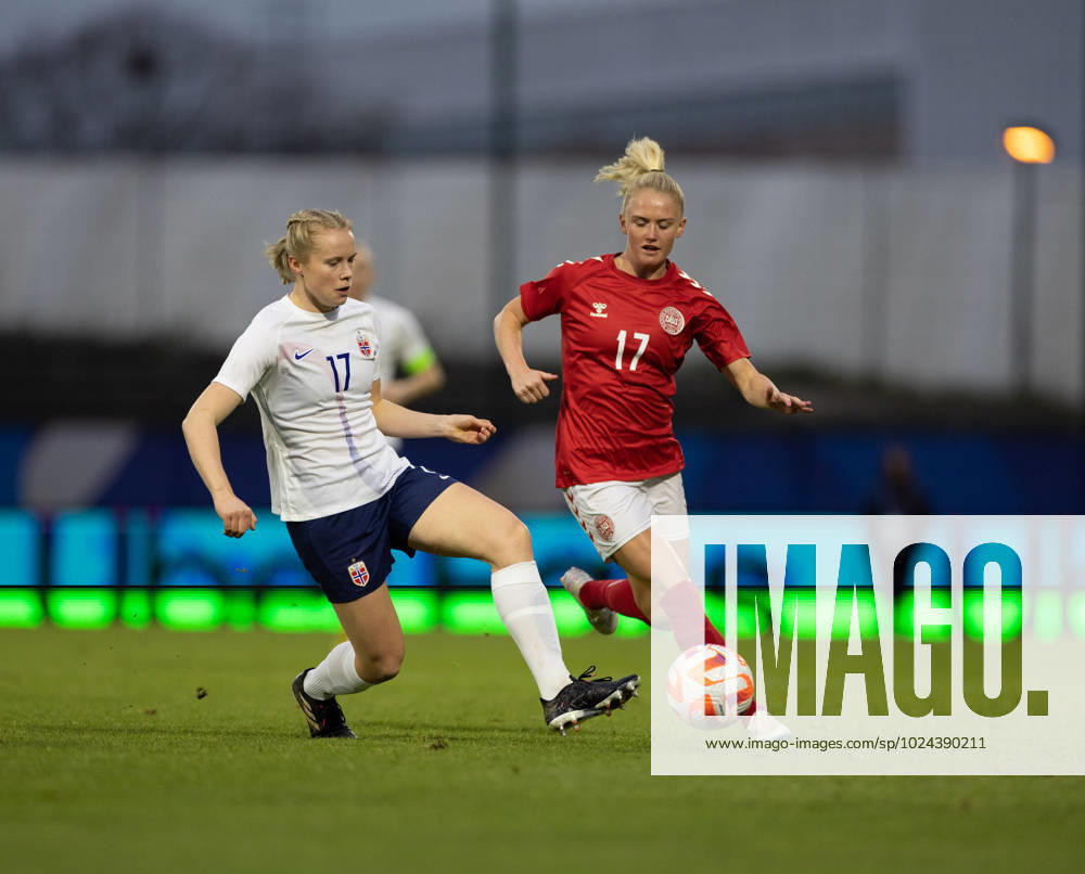 Laval, France, February 18th 2023: Julie Blakstad (17 Norway) and Rikke Marie Madsen (17 Denmark) battle for the ball at the International Friendly, Länderspiel, Nationalmannschaft game between Denmark and Norway at Stade Francis Le Basser in Laval, France (Ane Frosaker SPP)