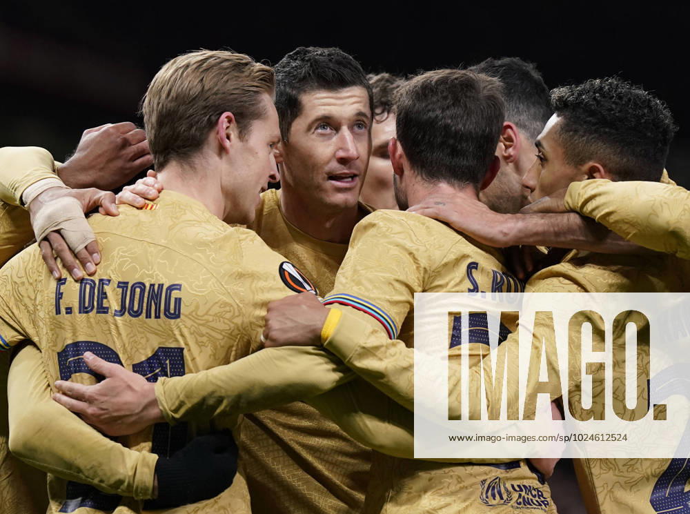 KW08 Manchester, England, 23rd February 2023. Robert Lewandowski of Barcelona celebrates scoring the first goal during the UEFA Europa League match at Old Trafford, Manchester. Picture credit should read: Andrew Yates Sportimage . SPI-2256-0047