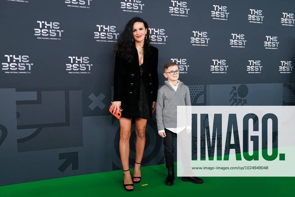 Paris, France, February 27th 2023: Fatmire Alushi (former German football player) on the green carpet with her son during the The Best FIFA Football Awards 2022 at Salle Pleyel in Paris, France. (Daniela Porcelli SPP)