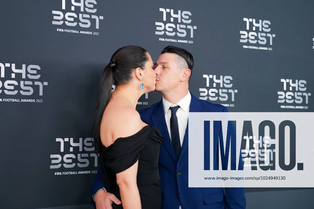 Paris, France, February 27th 2023: Supermodel and Victoria s secret icon Adriana Lima kisses boyfriend Andre Lemmers on the green carpet at arrival during the The Best FIFA Football Awards 2022 at Salle Pleyel in Paris, France. (Daniela Porcelli SPP)