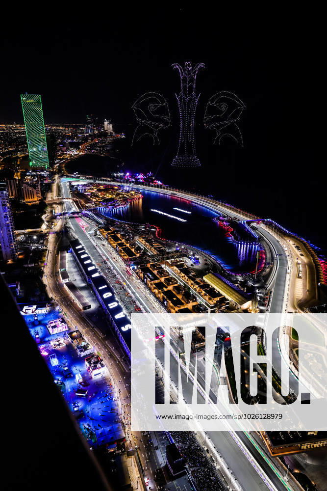 Drone show over the starting grid seen from the sky during the Formula 1 STC Saudi Arabian Grand Prix 2023, 2nd round of the 2023 Formula One World Championship, WM, Weltmeisterschaft from March 17 to 19, 2023 on the Jeddah Corniche Circuit, in Jeddah, Saudi Arabia - F1 - SAUDI ARABIAN GRAND PRIX 2023 - RACE DPPI Panoramic 20230319_GOOD0901