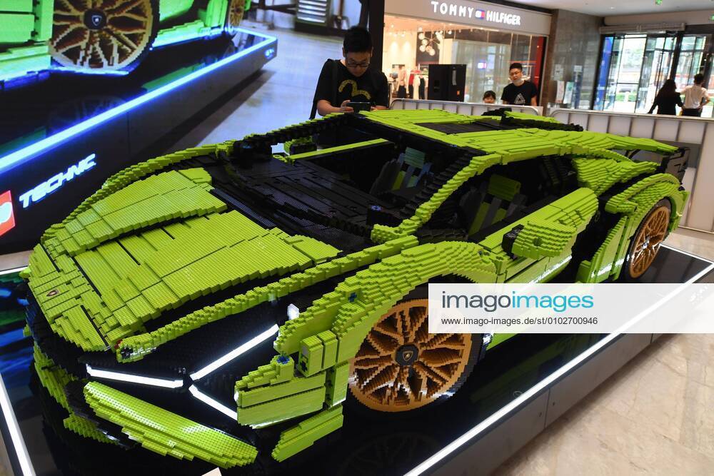 A model of a Lamborghini Sian FKP 37 sports car, which is made of 274,396 Lego blocks and weighs about 660 kilograms, is on display at Lanzhou Center on July 28, 2020 in Lanzhou, Gansu Province of China.