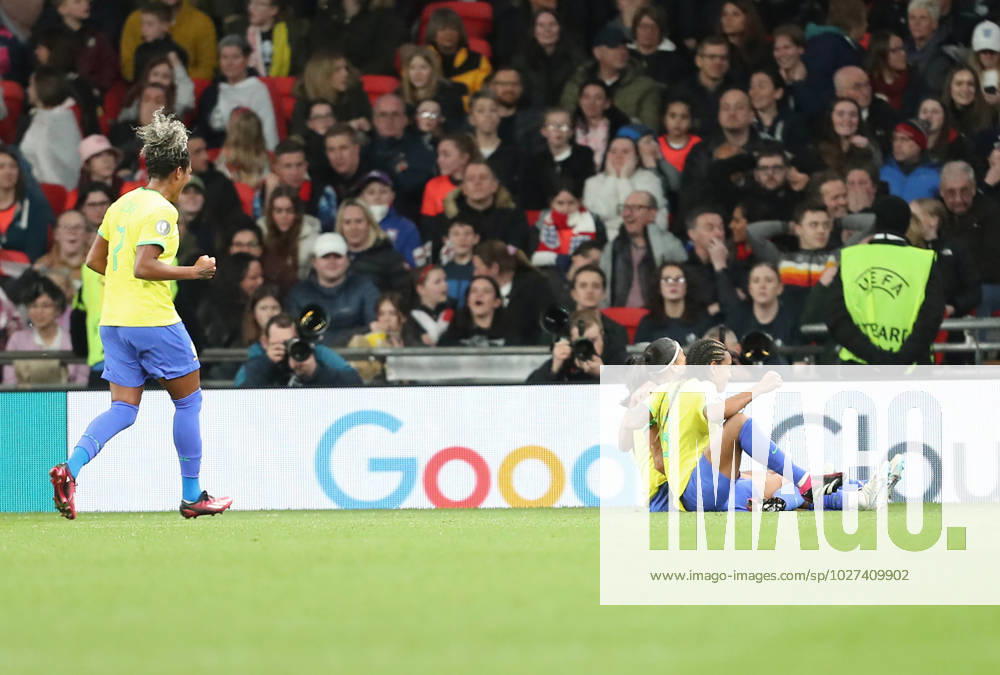 6th April 2023; Wembley Stadium, London, England; Womens Finalissima Football, England versus Brazil; Brazil players celebrates the goal by Andressa Alves of Brazil in injury time for 1-1. ActionPlus12494736 KatiexChan