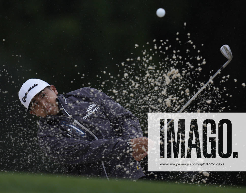 Kurt Kitayama hits from the bunker at the 18th hole during the second round at the 87th Masters tournament at Augusta National Golf Club in Augusta, Georgia on Saturday, April 8, 2023. Kitayama missed the cut finishing at 152. AUG20230408226 BOBxSTRONG