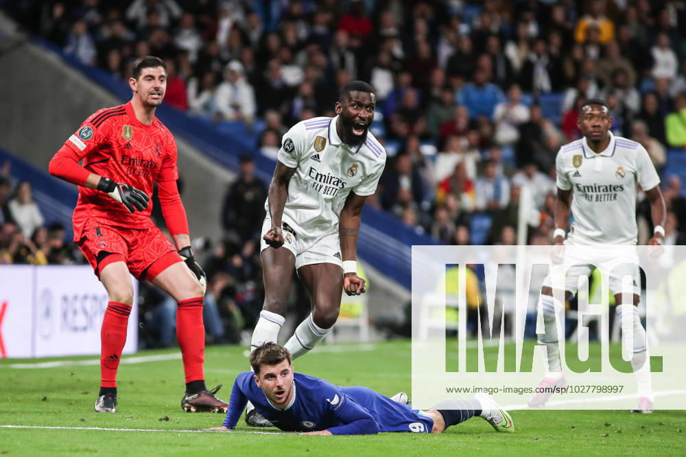 Antonio Rudiger of Real Madrid celebrates during the UEFA Champions League, Quarter Finals round 1, football match between Real Madrid and Chelsea FC at Santiago Bernabeu stadium on April 12, 2023, in Madrid, Spain. MADRID SPAIN - ZUMAa181 20230412_zaa_a181_194
