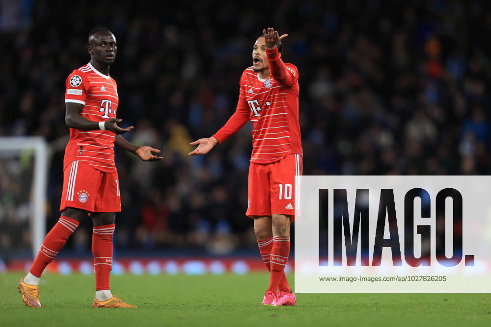 Football - UEFA Champions League - Quarter Final (1st Leg) - Manchester City v Bayern Munich 11th April 2023 - UEFA Champions League - Quarter Final (1st Leg) - Manchester City v Bayern Munich - Sadio Mane of Bayern Munich (R) and Leroy Sane of Bayern Munich argue with each other - Photo: Simon Stacpoole Offside. Manchester UK