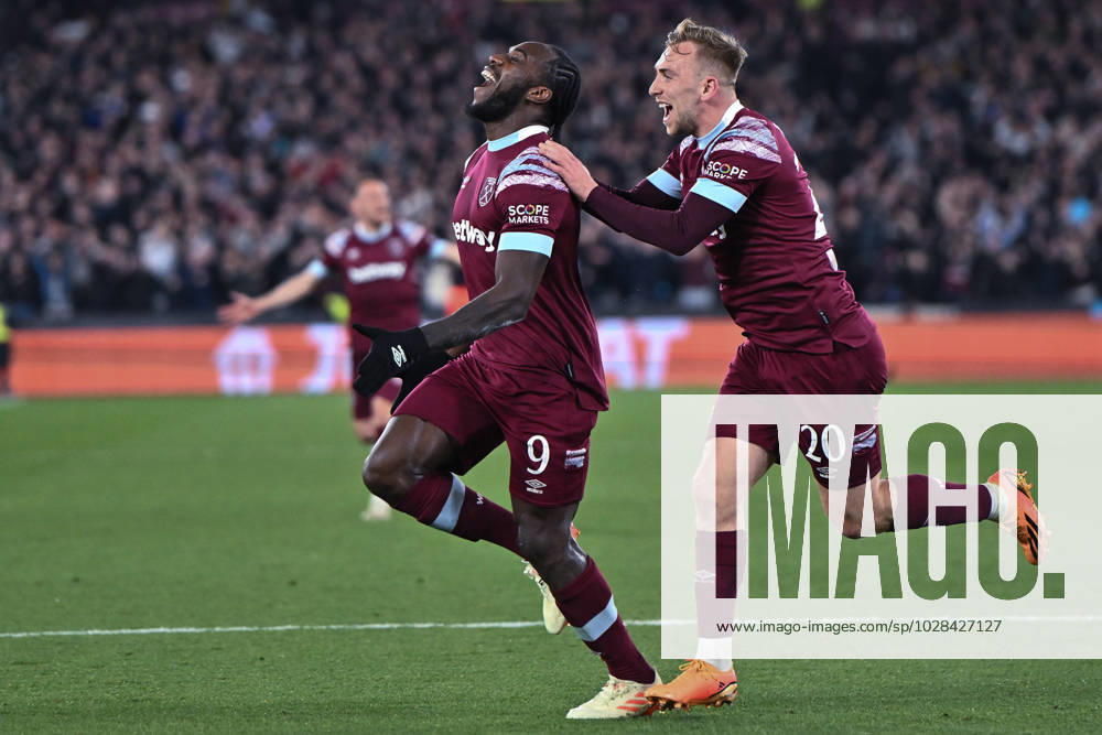 Michail Antonio celebrates after scoring goal during the UEFA Europa Conference League quarterfinal second leg match between West Ham United and KAA Gent at London Stadium on April 20, 2023 in London, United Kingdom. Photo by Sebastian Frej West Ham United v KAA Gent: Quarterfinal Second Leg - UEFA Europa Conference League