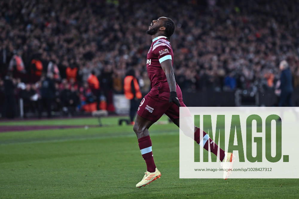 Michail Antonio celebrates after scoring goal during the UEFA Europa Conference League quarterfinal second leg match between West Ham United and KAA Gent at London Stadium on April 20, 2023 in London, United Kingdom. Photo by Sebastian Frej West Ham United v KAA Gent: Quarterfinal Second Leg - UEFA Europa Conference League