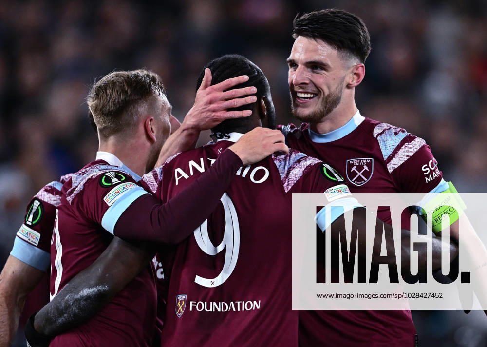 Michail Antonio celebrates with Declan Rice after scoring goal during the UEFA Europa Conference League quarterfinal second leg match between West Ham United and KAA Gent at London Stadium on April 20, 2023 in London, United Kingdom. Photo by Sebastian Frej West Ham United v KAA Gent: Quarterfinal Second Leg - UEFA Europa Conference League