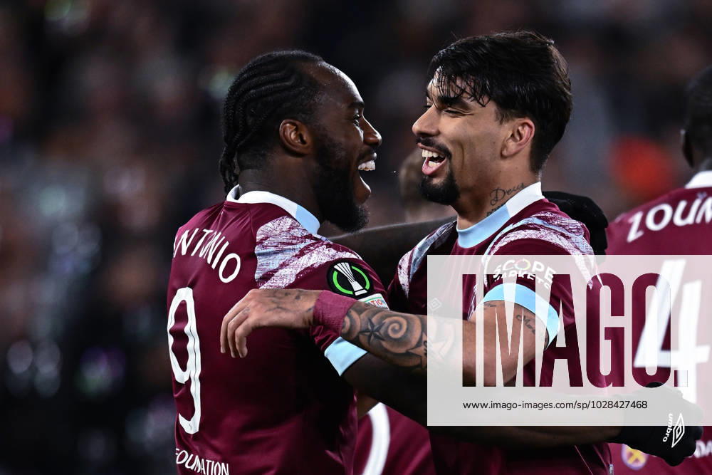 Michail Antonio celebrates with Lucas Paqueta after scoring goal during the UEFA Europa Conference League quarterfinal second leg match between West Ham United and KAA Gent at London Stadium on April 20, 2023 in London, United Kingdom. Photo by Sebastian Frej West Ham United v KAA Gent: Quarterfinal Second Leg - UEFA Europa Conference League