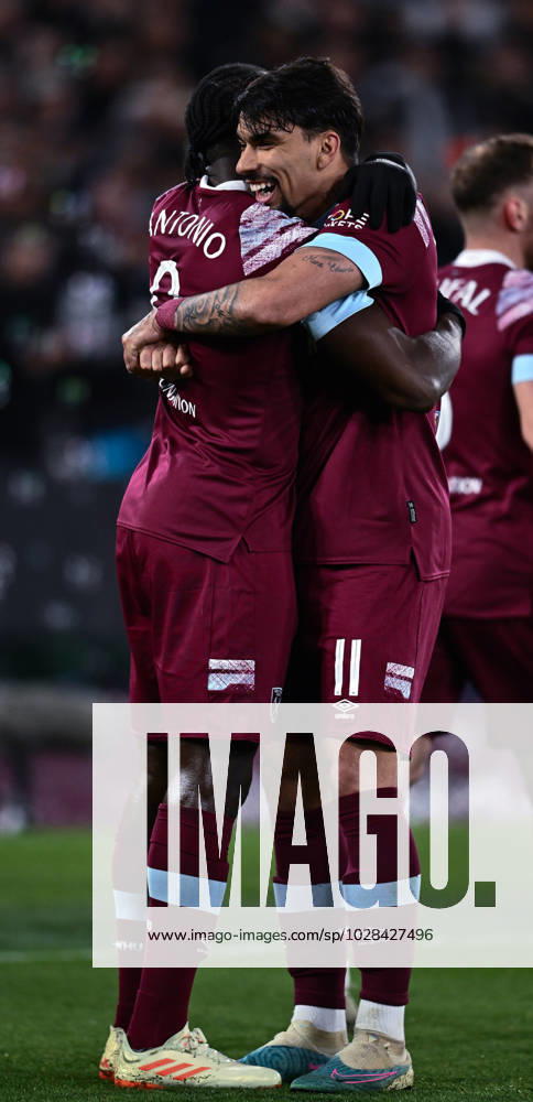 Michail Antonio celebrates with Lucas Paqueta after scoring goal during the UEFA Europa Conference League quarterfinal second leg match between West Ham United and KAA Gent at London Stadium on April 20, 2023 in London, United Kingdom. Photo by Sebastian Frej West Ham United v KAA Gent: Quarterfinal Second Leg - UEFA Europa Conference League