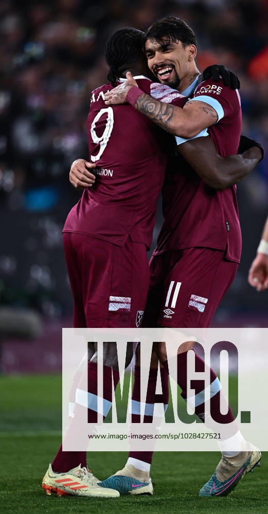 Michail Antonio celebrates with Lucas Paqueta after scoring goal during the UEFA Europa Conference League quarterfinal second leg match between West Ham United and KAA Gent at London Stadium on April 20, 2023 in London, United Kingdom. Photo by Sebastian Frej West Ham United v KAA Gent: Quarterfinal Second Leg - UEFA Europa Conference League