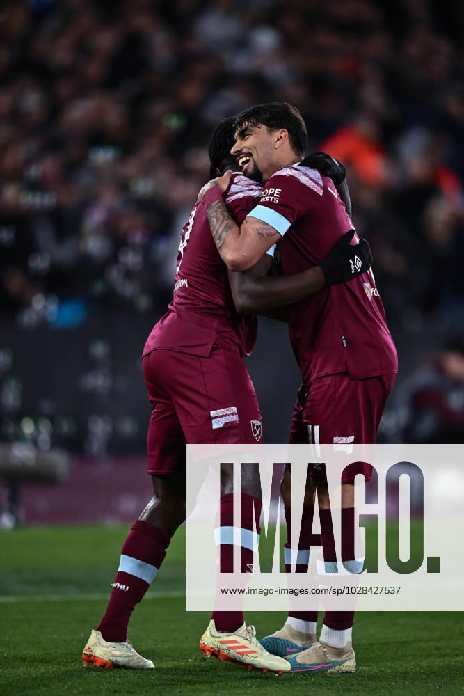 Michail Antonio celebrates with Lucas Paqueta after scoring goal during the UEFA Europa Conference League quarterfinal second leg match between West Ham United and KAA Gent at London Stadium on April 20, 2023 in London, United Kingdom. Photo by Sebastian Frej West Ham United v KAA Gent: Quarterfinal Second Leg - UEFA Europa Conference League