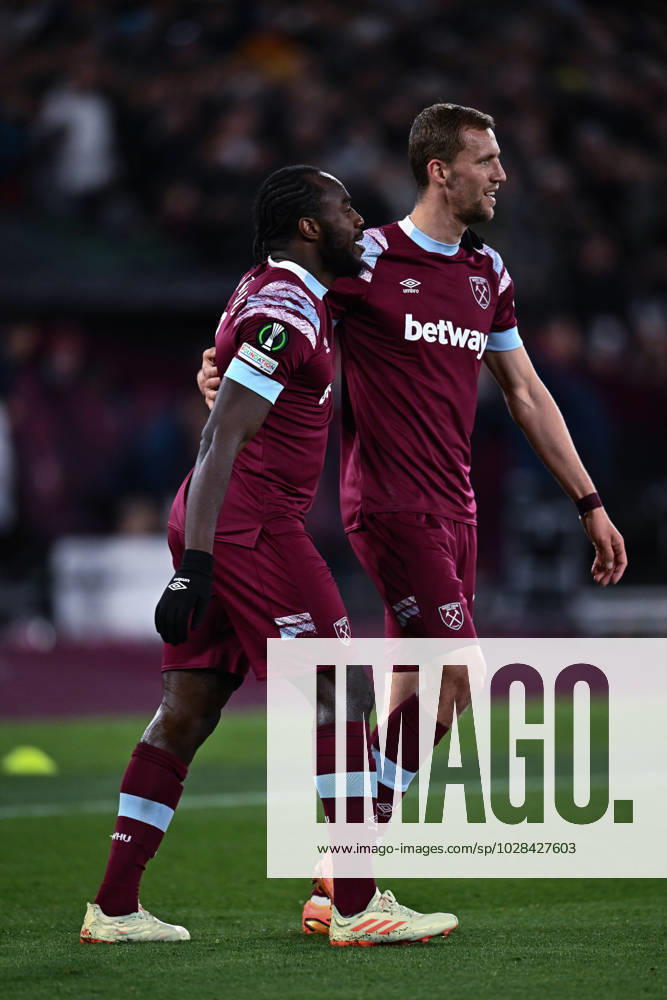Michail Antonio celebrates with Tomas Soucek after scoring goal during the UEFA Europa Conference League quarterfinal second leg match between West Ham United and KAA Gent at London Stadium on April 20, 2023 in London, United Kingdom. Photo by Sebastian Frej West Ham United v KAA Gent: Quarterfinal Second Leg - UEFA Europa Conference League