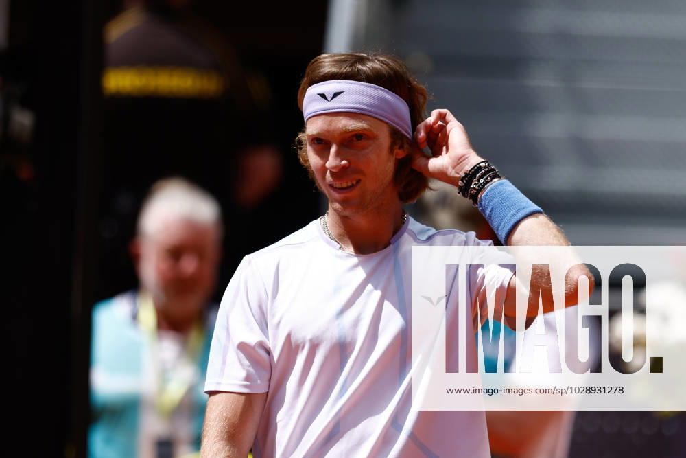 Andrey Rublev of Russia in action against Stan Wawrinka Switzerland during the Mutua Madrid Open 2023 celebrated at Caja Magica on Abril 28, 2023 in Madrid, Spain. MADRID SPAIN - ZUMAa181 20230428_zaa_a181_040