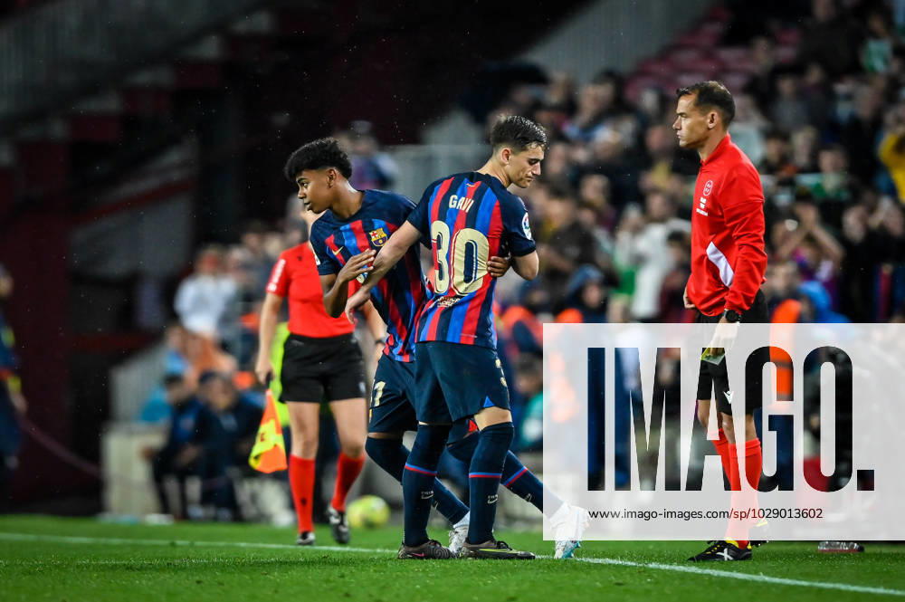 Gavi FC Barcelona, Barca and Lamine Yamal (FC Barcelona) during a La Liga Santander match between FC Barcelona and Betis at Spotify Camp Nou, in Barcelona, Spain on April 29, 2023. (Photo Felipe Mondino)