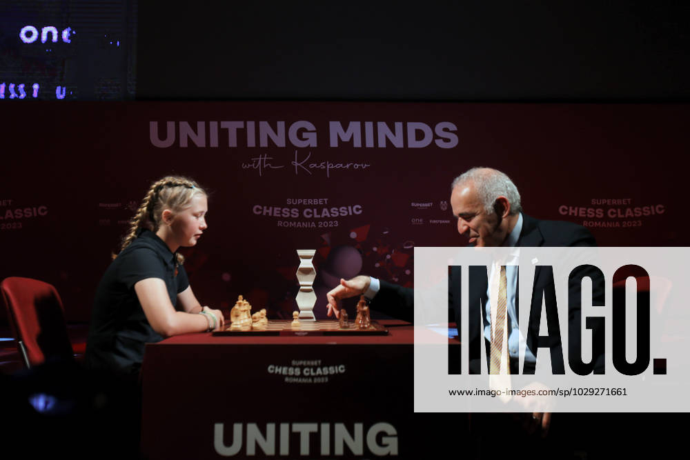 (230506) -- BUCHAREST, May 6, 2023 -- Former World Chess Champion Garry Kasparov (R) makes the first symbolic move during the official opening ceremony of Grand Chess Tour 2023 in Bucharest, Romania, May 5, 2023. (Photos by Xinhua) (SP)ROMANIA-BUCHAREST-CHESS-GRAND TOUR CristianxCristel