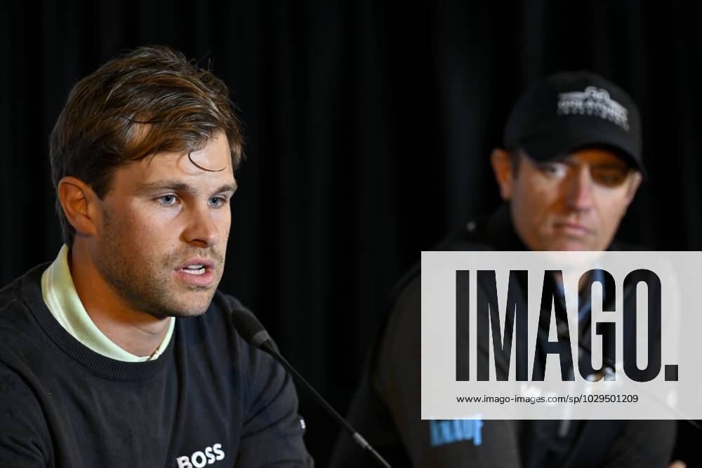 Belgian Thomas Detry and Belgian Nicolas Colsaerts pictured during a press conference, PK, Pressekonferenz regarding the 2023 Soudal Open DP World Tour golf tournament, in Schilde, Tuesday 09 May 2023. The 2023 Soudal Open taken place from 11 to 14 May at the Rinkven Golf Club in Schilde. DIRKxWAEM x66980314x