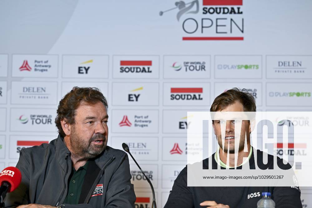 Michael Jones, Tournament Director of the Soudal Open and Belgian Thomas Detry pictured in action during a press conference, PK, Pressekonferenz regarding the 2023 Soudal Open DP World Tour golf tournament, in Schilde, Tuesday 09 May 2023. The 2023 Soudal Open taken place from 11 to 14 May at the Rinkven Golf Club in Schilde. DIRKxWAEM x66980350x
