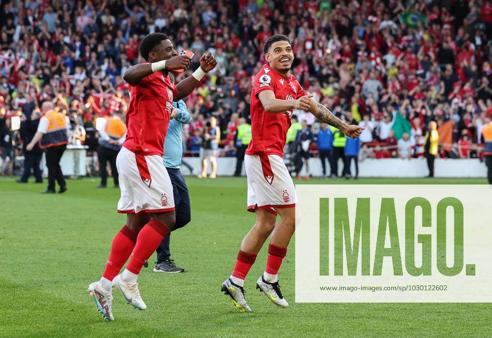 Nottingham Forest v Arsenal Premier League Serge Aurier of Nottingham Forest and Morgan Gibbs-White of Nottingham Forest celebrate the win during the Premier League match at the City Ground, Nottingham Content Not Available For UK Newspapers