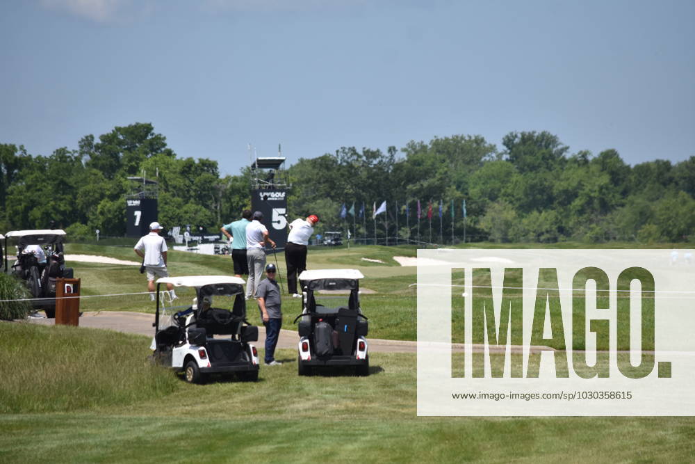 Former President of the United States Donald J. Trump swings his put as he plays golf at his golf course. Former President of the United States Donald J. Trump plays golf prior to the LIV Golf Round 1 Shotgun Start at Trump National Golf Club Washington DC in Sterling. Prior to round one of the LIV Golf Washington DC 2023 event, Former President of the United States Donald J. Trump played golf on his golf course in Sterling, Virginia Friday morning into the afternoon. Sterling United States - ZUMAs197 20230526_zaa_s197_103