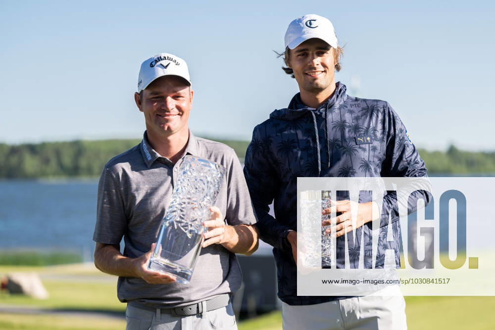 Hugo Townsend of Sweden and Dale Whitnell of England pose for a picture with the trophy at the award ceremony after the fourth round of the Scandinavian Mixed golf tournament on June 11, 2023 in Akersberga. Photo: Emma Wallskog BILDBYRAN COP 320 EW0211 golf scandinavian mixed day 4 bbeng
