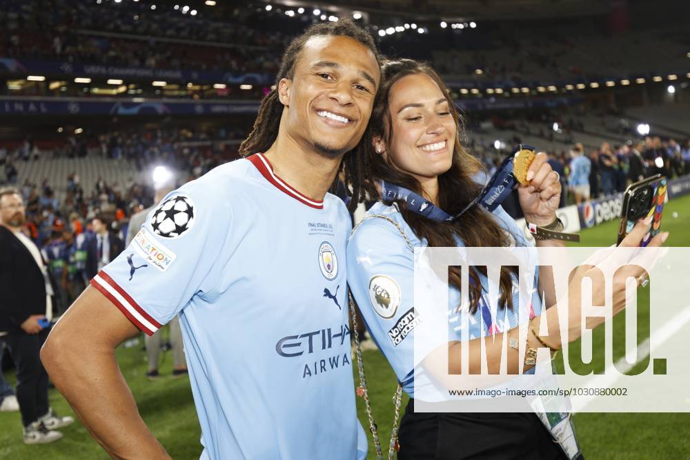 , Ataturk Olympic Stadium , Champions League Football season 2022 2023 between Manchester City and Inter Milan. Manchester City player Nathan Ake with his girlfriend Kaylee Ramman Manchester City - Inter Milan x21282779x