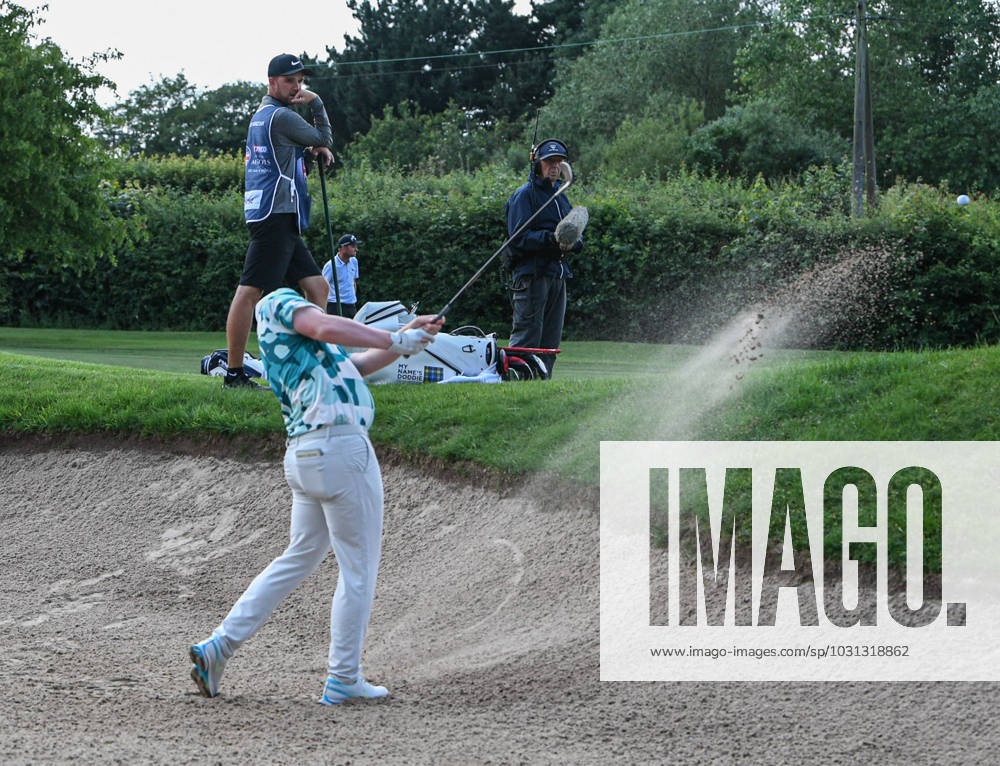 29th June 2023; The Belfry, Sutton Coldfield, West Midlands, England: Betfred British Masters Golf, Day 1; Robert MacIntyre (SCO) explodes out of the bunker ActionPlus12525030 GodfreyxPitt