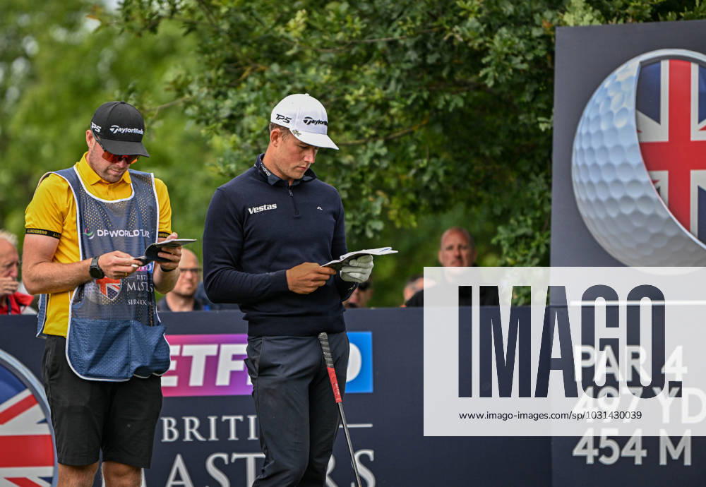 2nd July 2023; The Belfry, Sutton Coldfield, West Midlands, England: Betfred British Masters Golf, Day 4; Niklas Norgaard checks yardage with his caddy on the 18th tee ActionPlus12526627 GodfreyxPitt