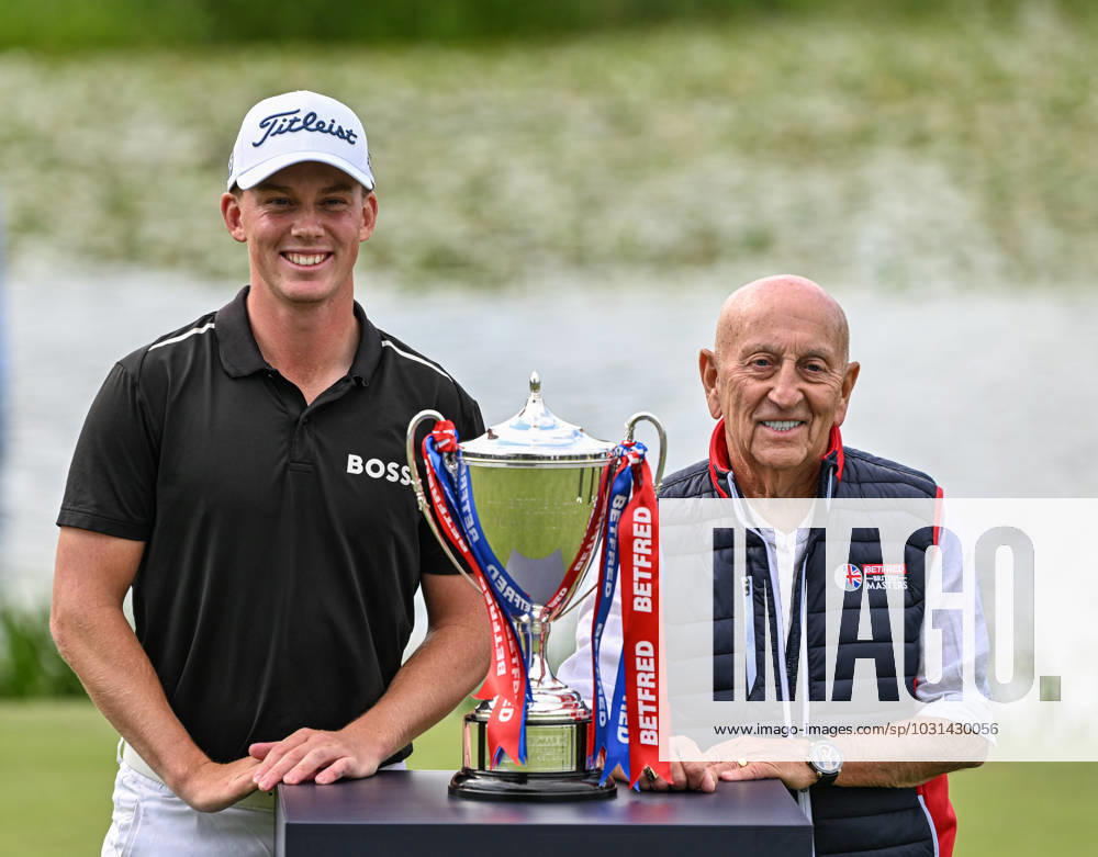 2nd July 2023; The Belfry, Sutton Coldfield, West Midlands, England: Betfred British Masters Golf, Day 4; Daniel Hillier wins the Betfred British Masters with the trophy presented by Fred Done Chairman of Betfred ActionPlus12526636 GodfreyxPitt