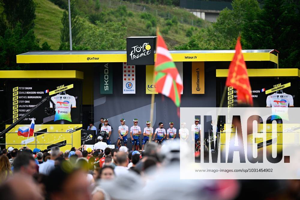 Total Energies riders pictured during the start of the third stage of the Tour de France cycling race, a 187,4 km race from Amorebieta-Etxano to Bayonne, France, Monday 03 July 2023. This year s Tour de France takes place from 01 to 23 July 2023. JASPERxJACOBS x69949149x
