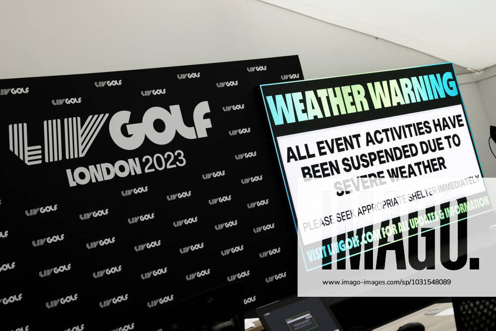 Mandatory Credit: Photo by James Marsh Shutterstock (13995948a) A big screen in the media centre displays a delayed start due to severe weather. LIV Golf Invitational London, Day Two, Golf, Centurion Club, Hemel Hempstead, UK - 08 Jul 2023 LIV Golf Invitational London, Day Two, Golf, Centurion Club, Hemel Hempstead, UK - 08 Jul 2023