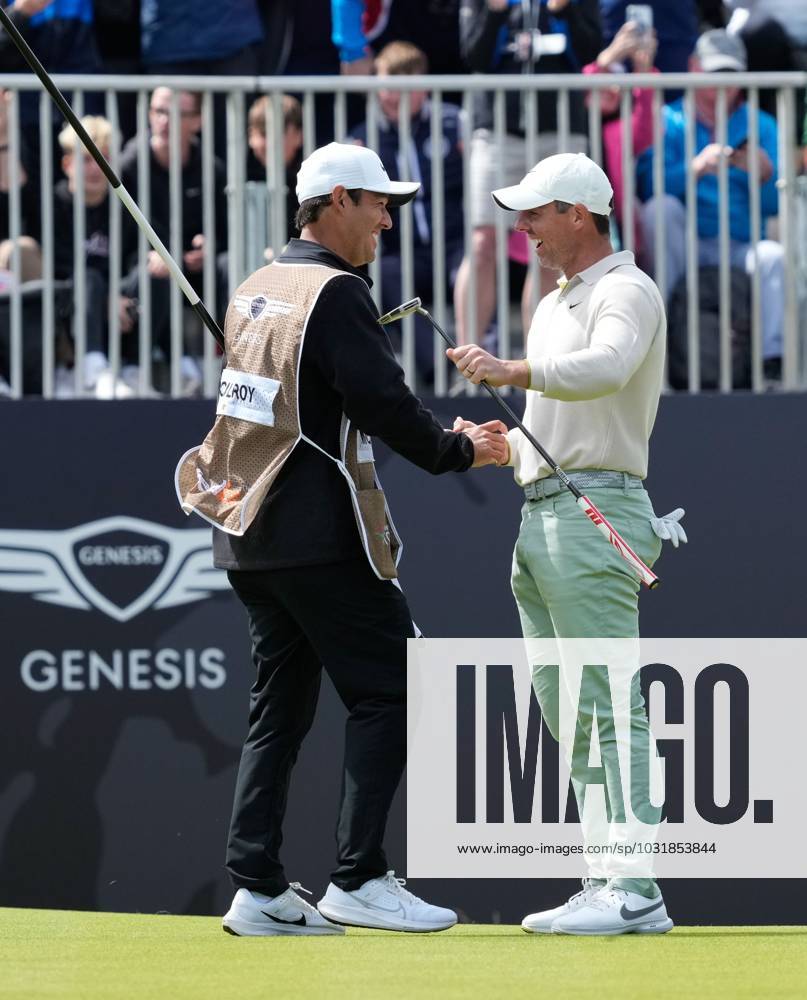 Mandatory Credit: Photo by Stuart Wallace Shutterstock (14003901au) Rory McIlroy (NIR) celebrates with his caddie Harry Diamond after holing a birdie putt on the 18th green to win the Genesis Scottish Open by one shot with a score of 15 under par after 72 holes, beating Robert MacIntyre (SCO) by one shot. Genesis Scottish Open, Day Four, Golf, The Renaissance Club, North Berwick, UK - 16 Jul 2023 Genesis Scottish Open, Day Four, Golf, The Renaissance Club, North Berwick, UK - 16 Jul 2023