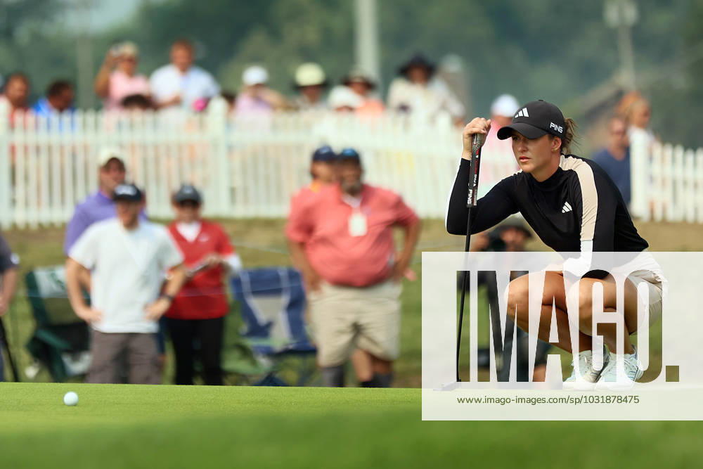 DANA Open Linn Grant (R) of Viken, Sweden lines up her putt on the 18th green at the conclusion of the Dana Open golf tournament at Highland Meadows Golf Club in Sylvania, Ohio USA, on Sunday, July 16, 2023. Sylvania Ohio United States
