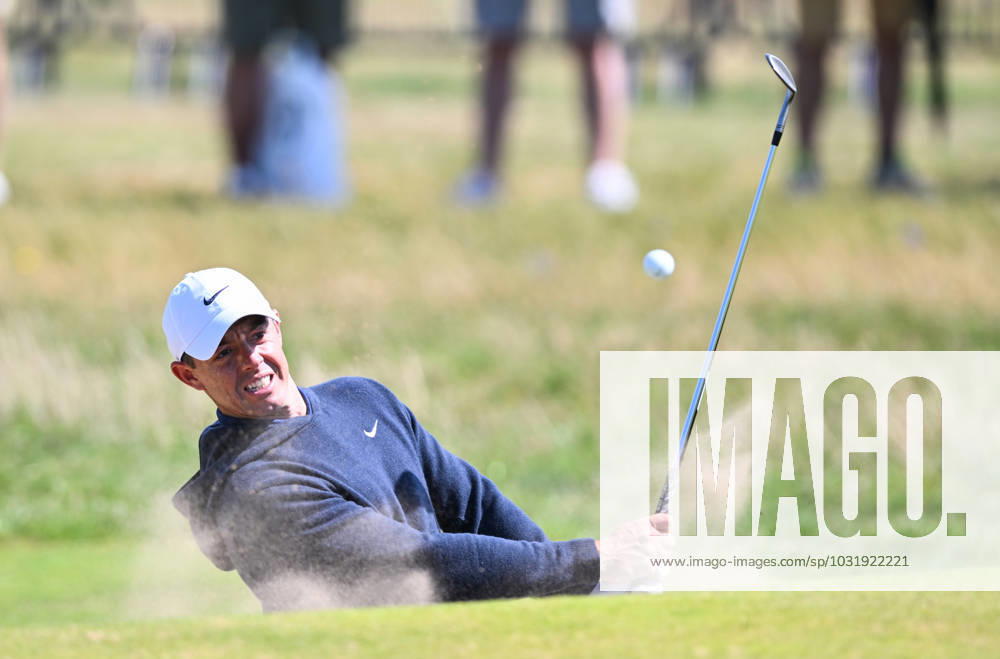 Mandatory Credit: Photo by Greig Cowie Shutterstock (14012011ex) Rory McIlroy on the 1st Green from a bunker The British Open Championship, Practice, Golf, Royal Liverpool Golf Club, Liverpool, UK - 17 Jul 2023 The British Open Championship, Practice, Golf, Royal Liverpool Golf Club, Liverpool, UK - 17 Jul 2023