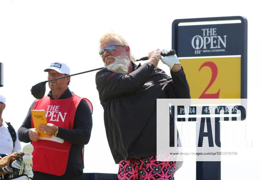 American John Daly tees off on the second hole on the first day at the 151st Open Championship at Royal Liverpool Golf Club in Hoylake, England on Thursday, July 20, 2023. LON2023072060 HUGOxPHILPOTT