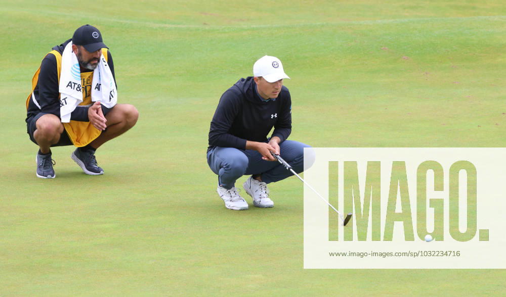 American Jordan Spieth lines up a putt on the eleventh green on the third day at the 151st Open Championship at Royal Liverpool Golf Club in Hoylake, England on Saturday, July 22, 2023. LON2023072259 HUGOxPHILPOTT