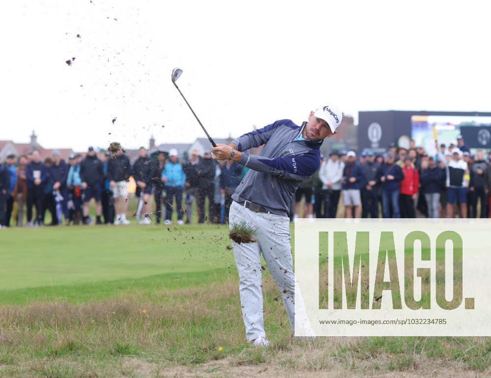 American Brian Harman plays out of the rough on the fourth hole on the third day at the 151st Open Championship at Royal Liverpool Golf Club in Hoylake, England on Saturday, July 22, 2023. LON2023072229 HUGOxPHILPOTT