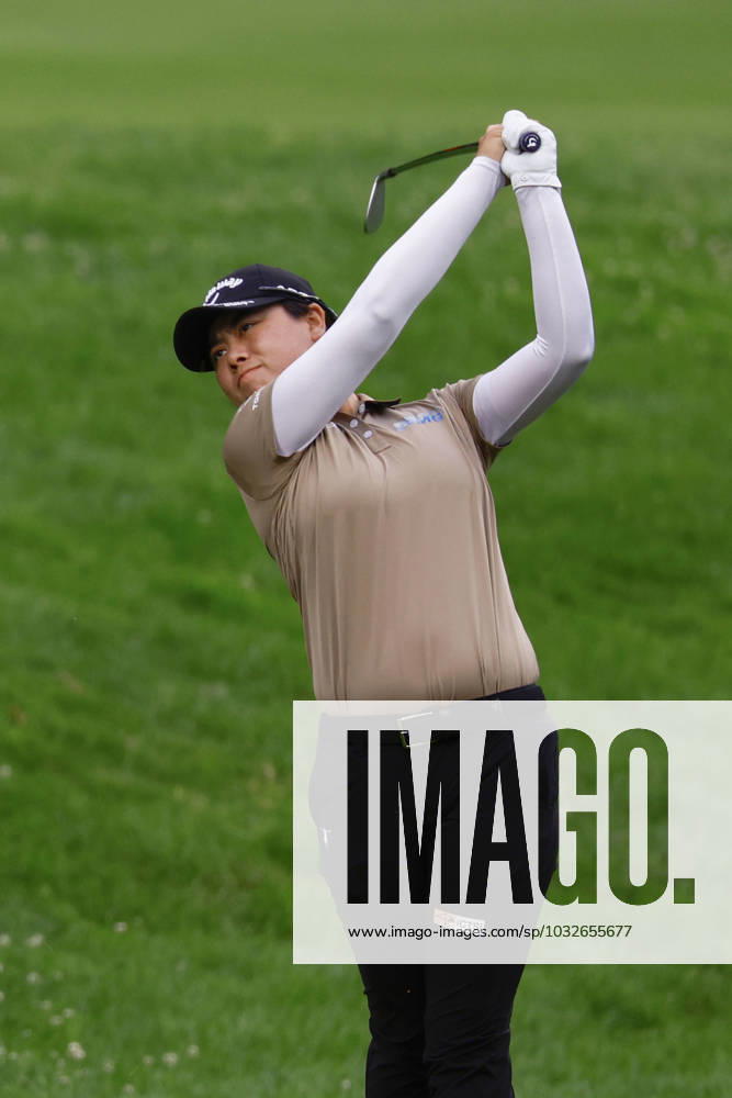 Golf: Evian Championship Yuka Saso of Japan plays a shot on the first hole during the second round of the Evian Championship golf tournament at Evian Resort Golf Club in Evian-les-Bains, France, on July 28, 2023. A14AA0001721773P