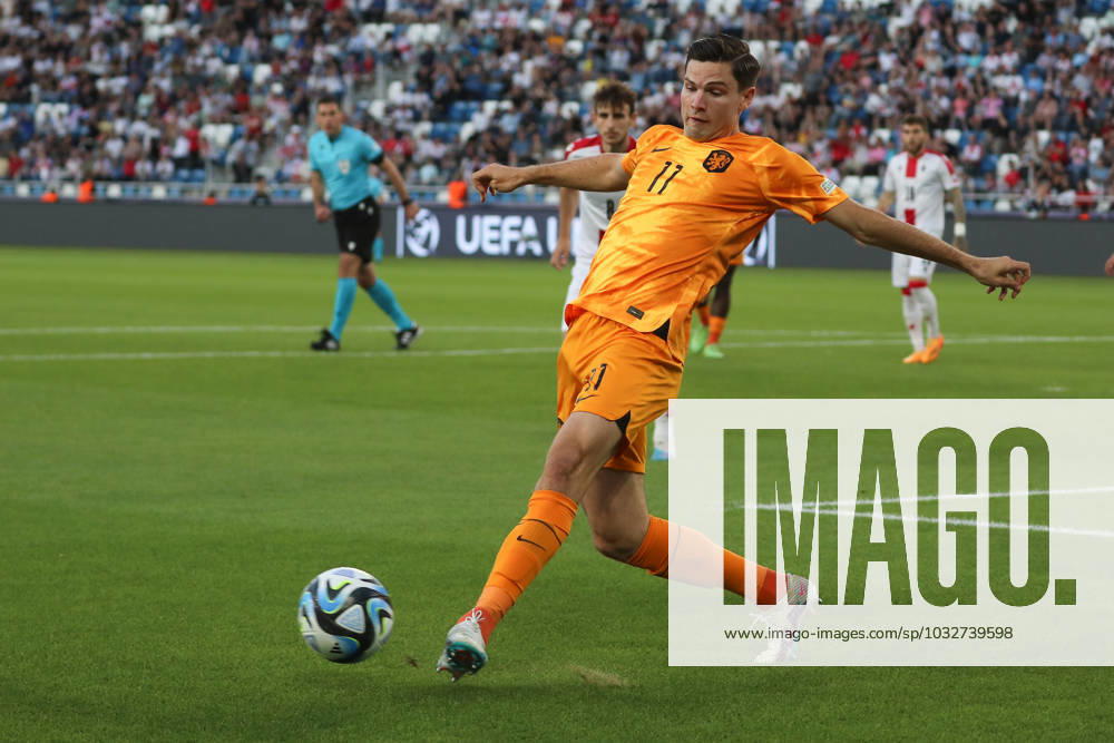 Jurgen Ekkelenkamp of Netherlands kicks the ball during the UEFA Under-21 Euro 2023 Group A match between Netherlands and Georgia on June 27, 2023, The Boris Paitchadze Dinamo Arena, Tbilisi, Georgia. Tbilisi Boris Paitchadze Dinamo Arena, Akaki Tsereteli Avenue, Kukia, Didube District, Tbilisi, 0112, Georgia Georgia