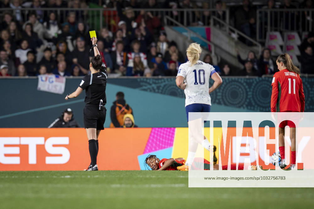 Portugal forward JESSICA SILVA 10 lies on the ground after being hit by USA defender NAOMI GIRMA 4 and being served a yellow card from the referee during the second half of the 2023 FIFA Womens World Cup Group E match against Portugal at the Eden Park Stadium in Auckland, New Zealand. USA 0:0 Portugal Auckland New Zealand - ZUMAb240 20230801_zsp_b240_028