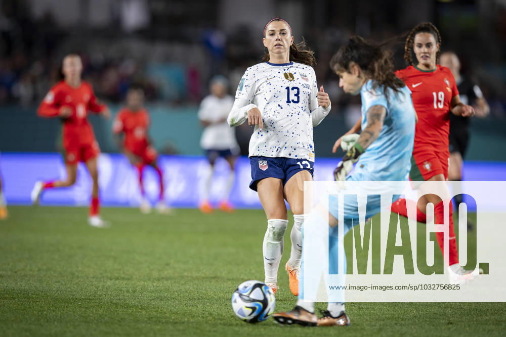 Portugal goalkeeper INES PEREIRA 1 clears the ball as USA forward ALEX MORGAN 13 is coming in on the goal during the second half of the 2023 FIFA Womens World Cup Group E match at the Eden Park Stadium in Auckland, New Zealand. USA 0:0 Portugal Auckland New Zealand - ZUMAb240 20230801_zsp_b240_031