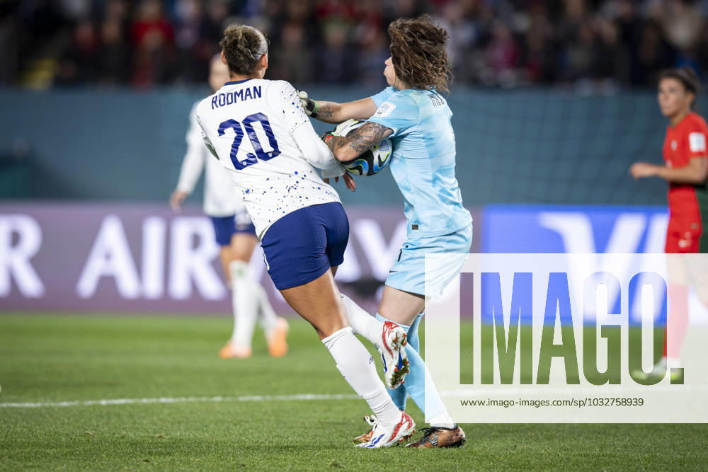 Portugal goalkeeper INES PEREIRA 1 shoves USA forward TRINITY RODMAN 20 out of the box so she can clear the ball in the second half of the 2023 FIFA Womens World Cup Group E match at the Eden Park Stadium in Auckland, New Zealand. USA 0:0 Portugal Auckland New Zealand - ZUMAb240 20230802_zsp_b240_022