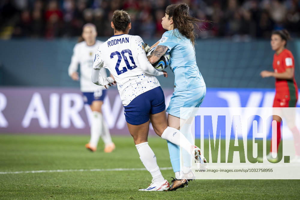 Portugal goalkeeper INES PEREIRA 1 shoves USA forward TRINITY RODMAN 20 out of the box so she can clear the ball in the second half of the 2023 FIFA Womens World Cup Group E match at the Eden Park Stadium in Auckland, New Zealand. USA 0:0 Portugal Auckland New Zealand - ZUMAb240 20230802_zsp_b240_028